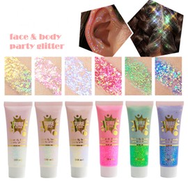 MAEPEOR Face Body Glitter Gel 14 Colors Mermaid Sequins Body Glitter Gel Chunky Holographic Glitter Liquid Body Makeup for Face Body Hair Nails (50ml, Color T02)