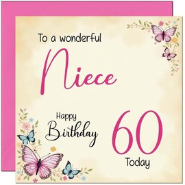 60th Niece Birthday Card - Beautiful Butterfly Floral Nieces Birthday Card for 60 Year old Sixty Sixtieth