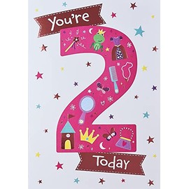 Happy 2nd Birthday Card 2 Today - Pink Number Stars Frog Print Crown Butterflies For Her Girl Female