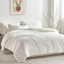 JELLYMONI Seersucker Comforter Set Queen Size with Sheets, White Fluffy Bed in a Bag 7-Pieces, All Season Bedding Sets with Comforter, Pillow Sham, Flat Sheet, Fitted Sheet, Pillowcases