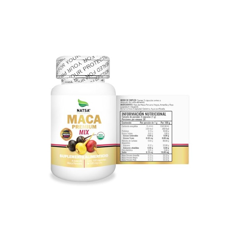 Natsa Maca 100 Cápsulas Mezcla Amarilla Negra Roja Diarias Ingredientes