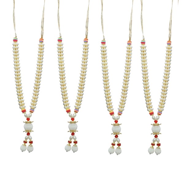 Set of 4 White Golden Artificial Beaded Moti Ribbon Garland