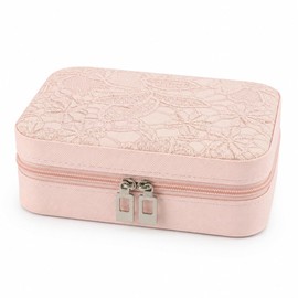 RQQM Travel Jewelry Case, Floral Embossed jewelry boxes for women, PU Leather Small Jewelry Organizer Case with Zipper, Velvet Lined Ring Earring Necklace Case for Travel, 6.3 x 4.7 x 2.4 in