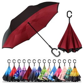 LLanxiry Umbrella,Inverted Reverse Upside Down Umbrellas with C-Shaped Handle, Anti-UV Waterproof Rain Umbrella for Women and Men (red)