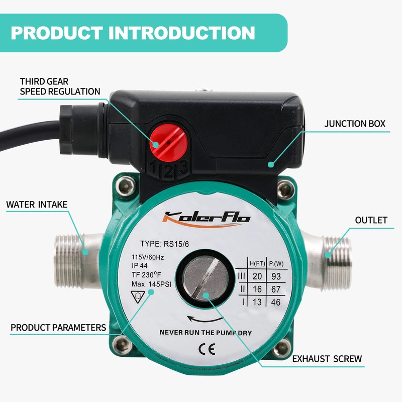 KOLERFLO Hot Water Recirculating Pump,93W 3/4" NPT Circulation Pump,Stainless Steel