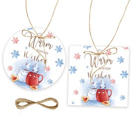 50pcs Warm Winter Wishes Thank You Tags, Christmas Gift Tag with String for Winter Party, Round Thank You Paper Tags for Christmas Holiday Themed Party Favors