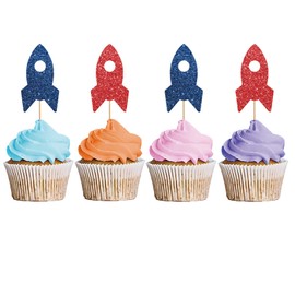 24PCS Rocket Ship Cupcake Toppers, Baby Shower Party Decor for Boys, Astronaut Dessert Picks, Outer Space Themed Birthday Party Decoration - Navy Blue & Red Glitter