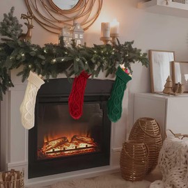 IHCEMIH Christmas Stocking Set of 3 Large Knitted Xmas Santa Stockings Traditional Holiday Party Decorations Green Red White Socks Decor for Fireplace Tree Hanging Ornament Gifts Bags for Kids Family