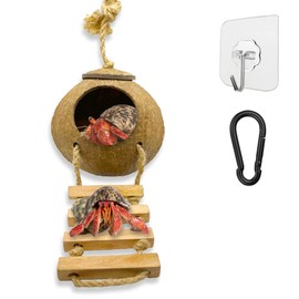 Favozio Hermit Crab, Hamster Coconut Cave Hide with Ladder, Reptile & Snake Natural Coco Shell Hut Hideout, Gerbils Mice Small Animals House Pet Cage Habitat Decor, with Sticky Wall & Carabiner Hook