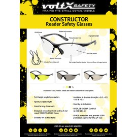 voltX 'Constructor' SAFETY READERS (CLEAR +1.0 Dioptre) Full Lens Reading Safety Glasses ANSI Z87.1+ & CE EN166F, Wraparound Style - Includes Safety Cord with headstop - UV400 anti fog coated lens