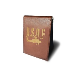 Ten Four Distributions U S Air Force Army Helicopter Cowhide Leather Laser Engraved Engraving Minimalist Slim Money Clip RFID Blocking Front Pocket Leather Mens Wallets
