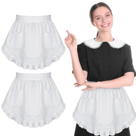 Candcamp 2 Pack White Waist Apron, Aprons for Women, Waitress Apron with 2 Pockets, Victorian Apron for Kitchen Cooking Baking Restaurant Shop