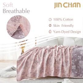 jinchan Boho 100% Cotton Blanket Muslin Lightweight Twin Size 4-Layer Quilted Throw Blanket for Couch Soft All Season Floral Blanket Throw Cotton Coverlet Blanket for Bedroom Decor Pink 50"x60"