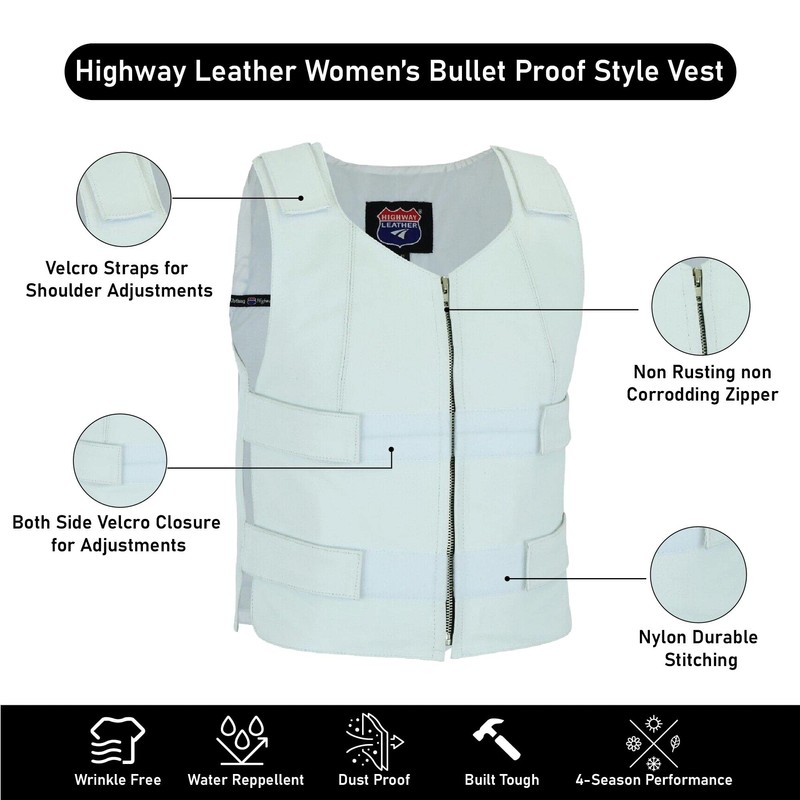 White Women Bullet Proof style Leather Motorcycle Vest for bikers