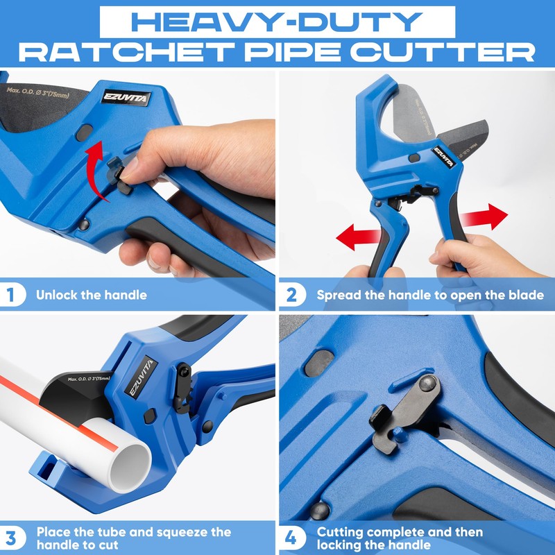 EZUVITA Ratchet PVC Pipe Cutter, Cuts Up to 3" OD