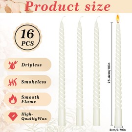 Cptoion 16 PCS Spiral Taper Candles,10 Inch Twisted Taper Candles,White Taper Candles,Unscented Twisted Candlesticks,Dinner Candles,Dripless Long Candle Sticks for Dinner Party Wedding (White)