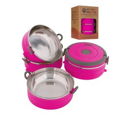 Travel Dog Bowls by Healthy Human | Stainless Steel Go Pet Bento Bowls | Stackable Dog Food Bowls | Leak Proof Portable Water Bowls | Set of 4 Interlocking Pink Bowls, 2 Spare Clips, 1 Spare Handle