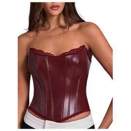 WDIRARA Women's PU Leather Corset Tube Top Lace Up Back Strapless Bandeau Bustier Crop Tops Burgundy Medium