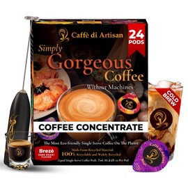 Caffè di Artisan Liquid Coffee Pods – Premium Single-Serve Coffee for Cold Brew Concentrate, Iced Coffee & Hot Coffee – Machine-Free, Eco-Friendly, Ready in Seconds. Rich Brezè Arabica, Dark Roast with Frother – 24 Count