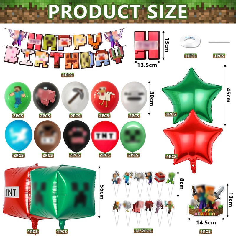 Huangzd 50 Pezzi Kit Compleanno Pixe Bambini, Palloncini Decorazioni