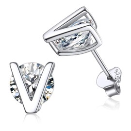 ChicSilver V Initial Stud Earrings for Women, S925 Sterling Silver Cubic Zirconia Simulated Diamond Letter Earrings Nickel Free