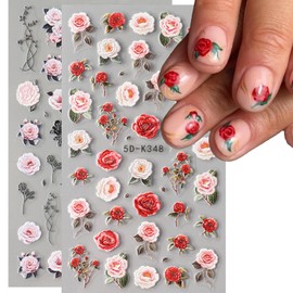 Valentines Nail Stickers 2 Sheets 5D Stickers for Nails Art Design with Red Pink Rose Embossed Self Adhesive DIY Nail Art Decoration Flower Nail Decals for Woman Girls