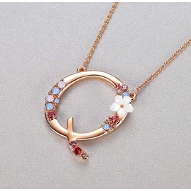Flower Initial Letter Necklace, Pink Red Blue Simulated Pearl Pendant Name Jewelry Made with Austrian Crystals Rose Gold Plated Anniversary Birthday Gifts for Women,18"+2" (Q)