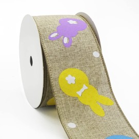 Easter Bunny Ribbons 2.5 Inch ×10 Yards, Flaxen Burlap Ribbon Bows for Wreath Holiday Craft Wired Edge Ribbons for Gift Wrapping Easter Party Decorations