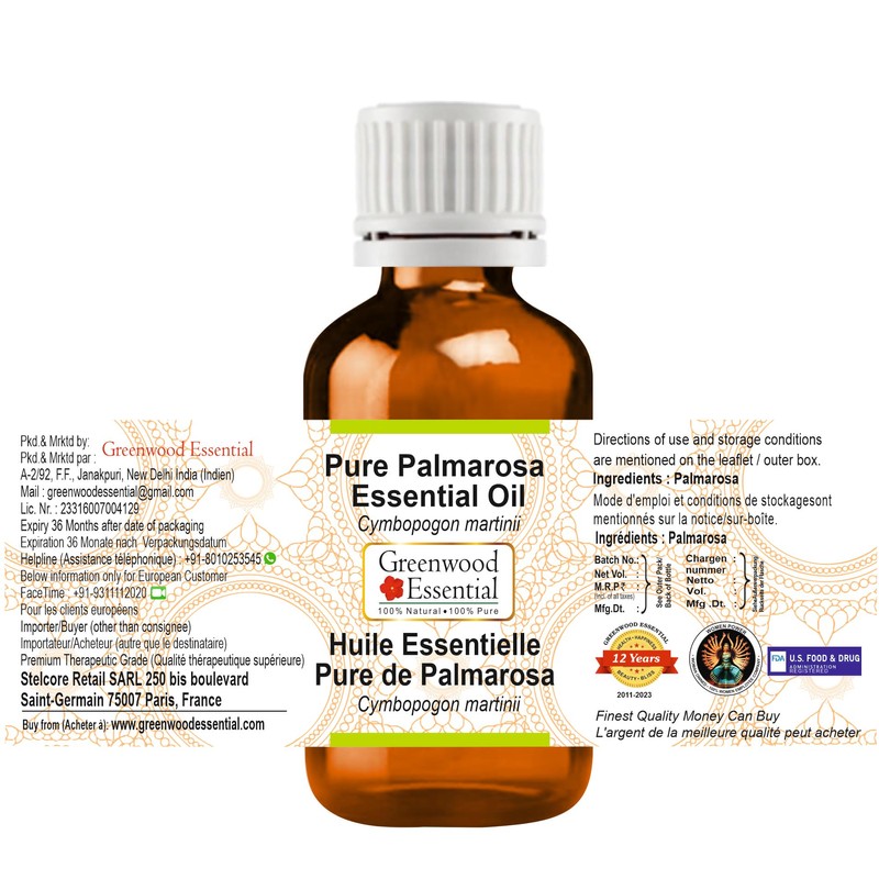 Greenwood Essential Pure Palmarosa Essential Oil (Cymbopogon martinii) Steam Distilled