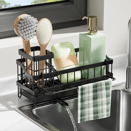 Sink Organizer for Kitchen Sink, 304 Stainless Steel Dish Organizer with Divider, Soap Dispenser Brush Holder Storage Kitchen Countertop Sponge Holder with 2 Sponge Cloth (Medium)