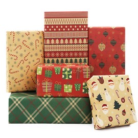 Christmas Kraft Wrapping Paper, Thicken Recycled Gift Wrapping Paper, 20x28 inches per sheet (6 sheets: 23 sq. ft. ttl.), Brown Folded Paper, full of Colorful Christmas Elements for Families, Friends, Kids, Valentines in Christmas