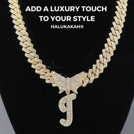 Halukakah 18K Real Gold/Platinum White Gold Plated Pendant Necklace for Kids - Over 1000 Diamonds - Cuban Link Chain - Cluster Diamonds 3D Butterfly Letter Pendant - For Your Loved Ones, Brass, No