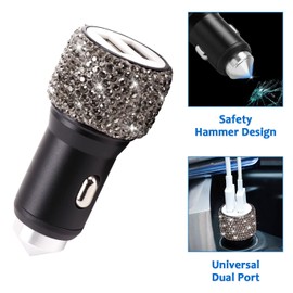 ToBeQueen 15 Pack Grey Bling Car Accessories Set for Women Girl,Bling Car Coaster,Bling Head Rest Rings,Bling Car Charger,Bling Hooks for Hanging,Bling Tire Caps,Bling Push to Start Ring,Gray