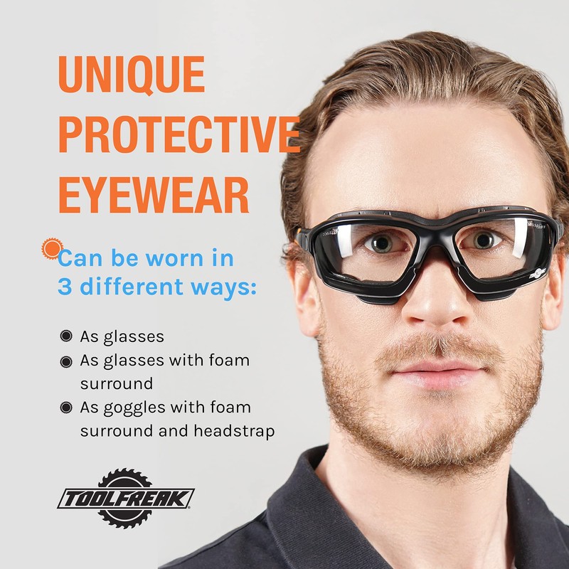 ToolFreak Spoggles Safety Glasses, EN166F Rated, Foam Padded, Clear Distortion