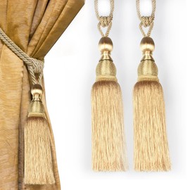 Tassel Curtain Tiebacks, Handmade Rope Gold Tassels Tie Backs for Curtains Drapery Tieback Holdbacks Decorative Curtain Ties Farmhouse Drape Holders Window Treatment 2 Pack