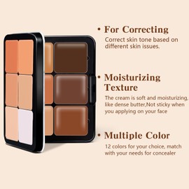 Noerrors 12 Colors Cream Concealer Foundation Palette, Blendable Color Correcting Contour Cream, Long-Wearing Full Coverage Smudge Proof Bronze Blush Highlighter Palette Makeup with Brush