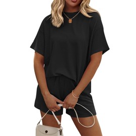 Ekouaer Womens Pajama Sets Short Sleeve Lounge Sets 2 Piece Pjs Tops and Shorts Outfits Matching Loungewear with Pockets Black