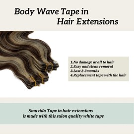 Ombre Blonde Body Wavy Tape in Hair Extensions 18inch Highlights Medium Brown with 613 Bleach Blonde Wavy Seamless Skin Weft Human Remy Hair Glue in Extensions for Women 20Pcs/40Grams