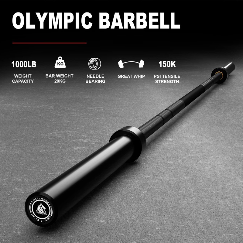 LIONSCOOL 7ft Olympic Barbell (Black E-coating, 1000LBS, No Center Knurl)