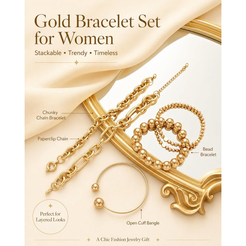 Shall Shell Gold Bracelets Set for Women, 5 Pcs Gold