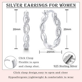 Loutade Silver Hoop Earrings for Women, 925 Sterling Silver Twisted Hoop Earrings with Zircon, Hypoallergenic Silver Huggie Earrings, 20mm Lightweight CZ Infinity Silver Earrings Trendy Jewelry