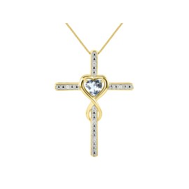 Rylos Women's Yellow Gold Plated Silver Cross Necklace with Heart Shape Gemstone & Diamonds. 6MM Aquamarine March Birthstone Womens Jewelry Silver Necklace