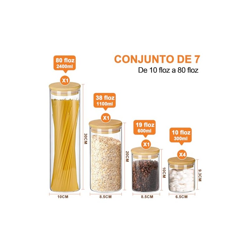 7 Recipientes Herméticos de Vidrio con Tapa de Bambú (Diferentes