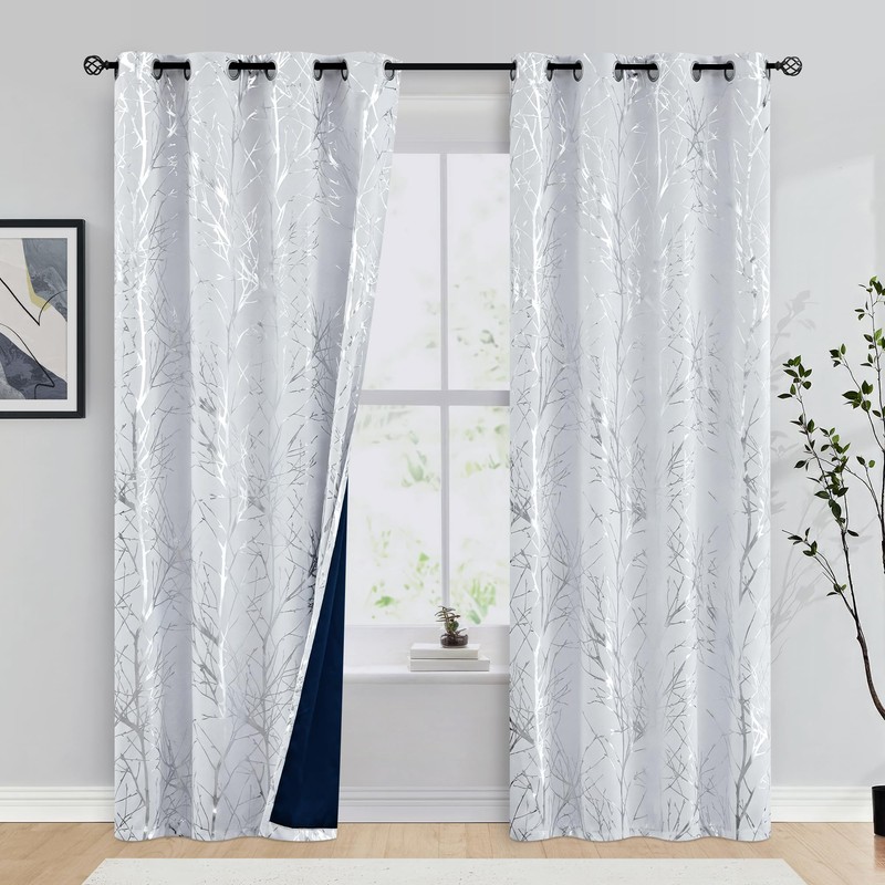 FMFUNCTEX 100% Blackout Curtains Siver Tree Branch Curtains for Living