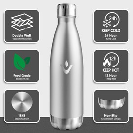 Stainless Steel Water Bottle, 500 ml, BPA-Free, Children's Water Bottle, 304 Stainless Steel, Insulated Flask, Thermos Flask, Double-Walled Vacuum Insulated, Water Bottle Leak-Proof for Travel