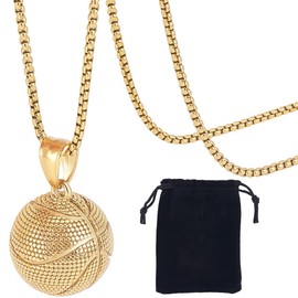 Beebeecraft 1 Box Golden Basketball Pendant and Chain with Velvet Bag Large Sports Ball Hip Hop Punk 304 Stainless Steel Necklaces for Men Father Friend Sports Bar Jewellery Birthday Decoration