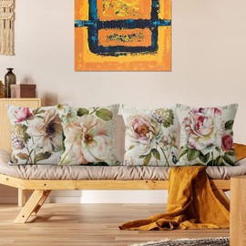 ASDCXZ Cushion Cover Retro Flowers 40 x 40 cm Set of 4 Retro Rose Flower Beige Sofa Cushion Covers Decorative Cushion Covers Washable Polyester Flax Textile Outdoor Cushion Cover