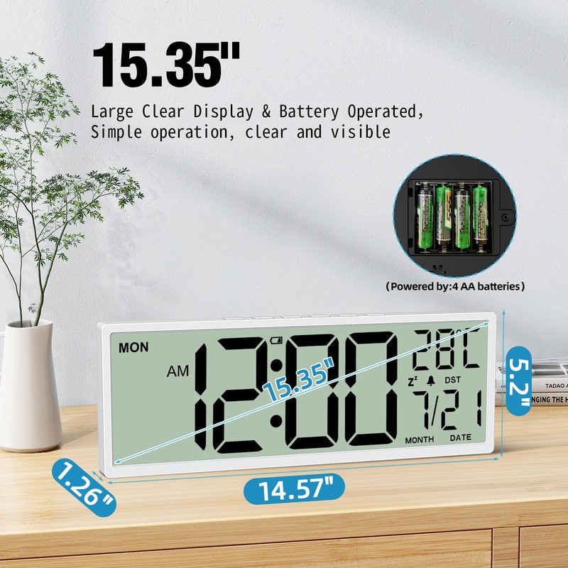 XREXS 14.5" Digital Wall Clock Battery Operated with Big Digits