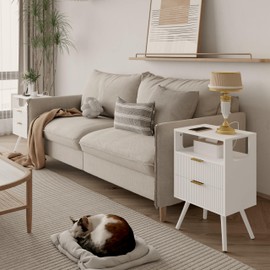 JOONEE White Nightstand with Charging Station and LED Lights,Modern Bedside Table with 2 Storage Drawer and Open Wood Shelf, for Bedroom and Small Spaces,Night Stand with Solid Wood Legs, White