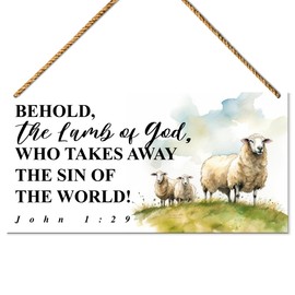 Christian Easter Sign Wood Decor, Christian Easter Door Sign Decorations for Home Living Room Religious Bible Verse Easter Day Hanging Sign Wall Decor, Behold The Lamb of God